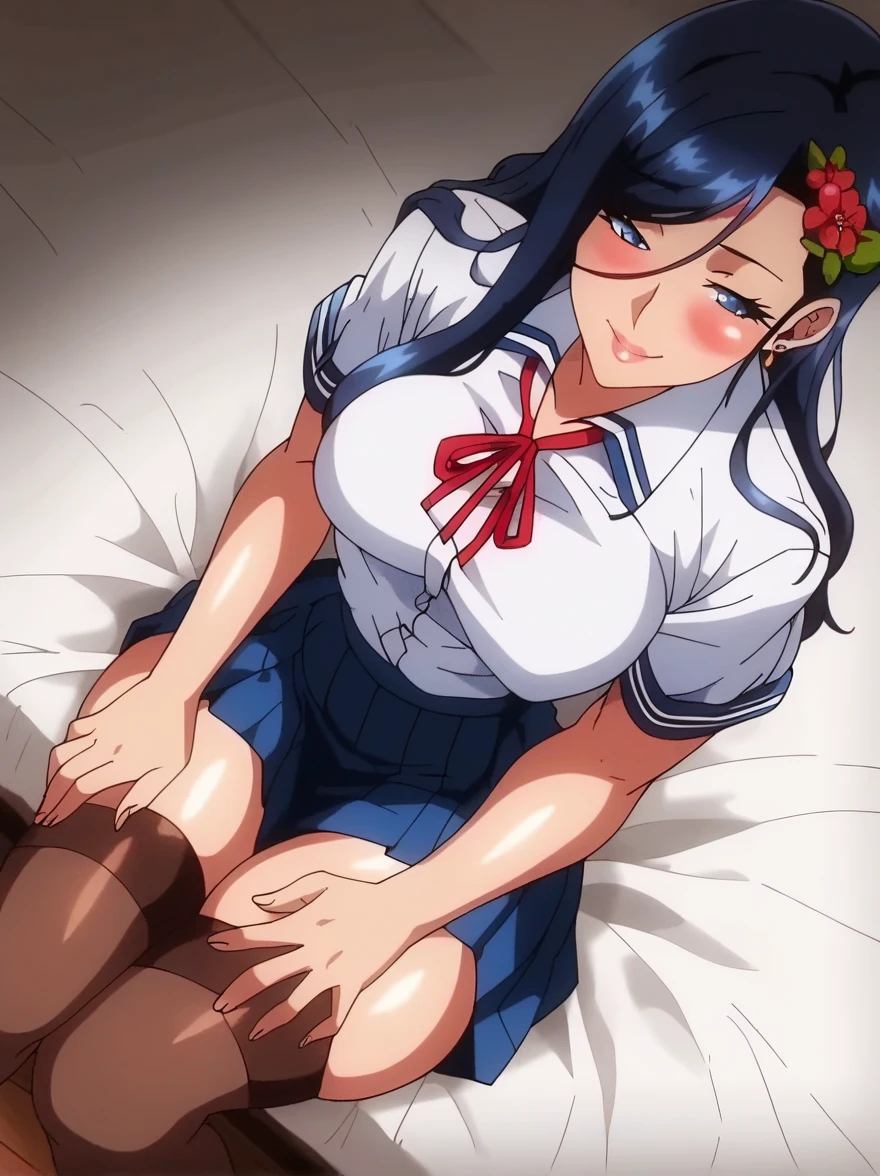  score_9,  score_8_above,  score_7_above,  score_6_above,   source  _animated,  girl sitting on a bench, hands on thighs,  long black hair,   school uniform  , skirt,  tall black stockings, beautiful hair ornament, bright paboveils, blush,   medium breasts ,  narrow waist, caderas anchas,  thick thighs in bed,  looking at the spectator, Cowboy shot,  dynamic position , beautiful,  general plane , Alone, sexually suggestive, naughty face, blush, 
 TrexStudio , animated screencap,