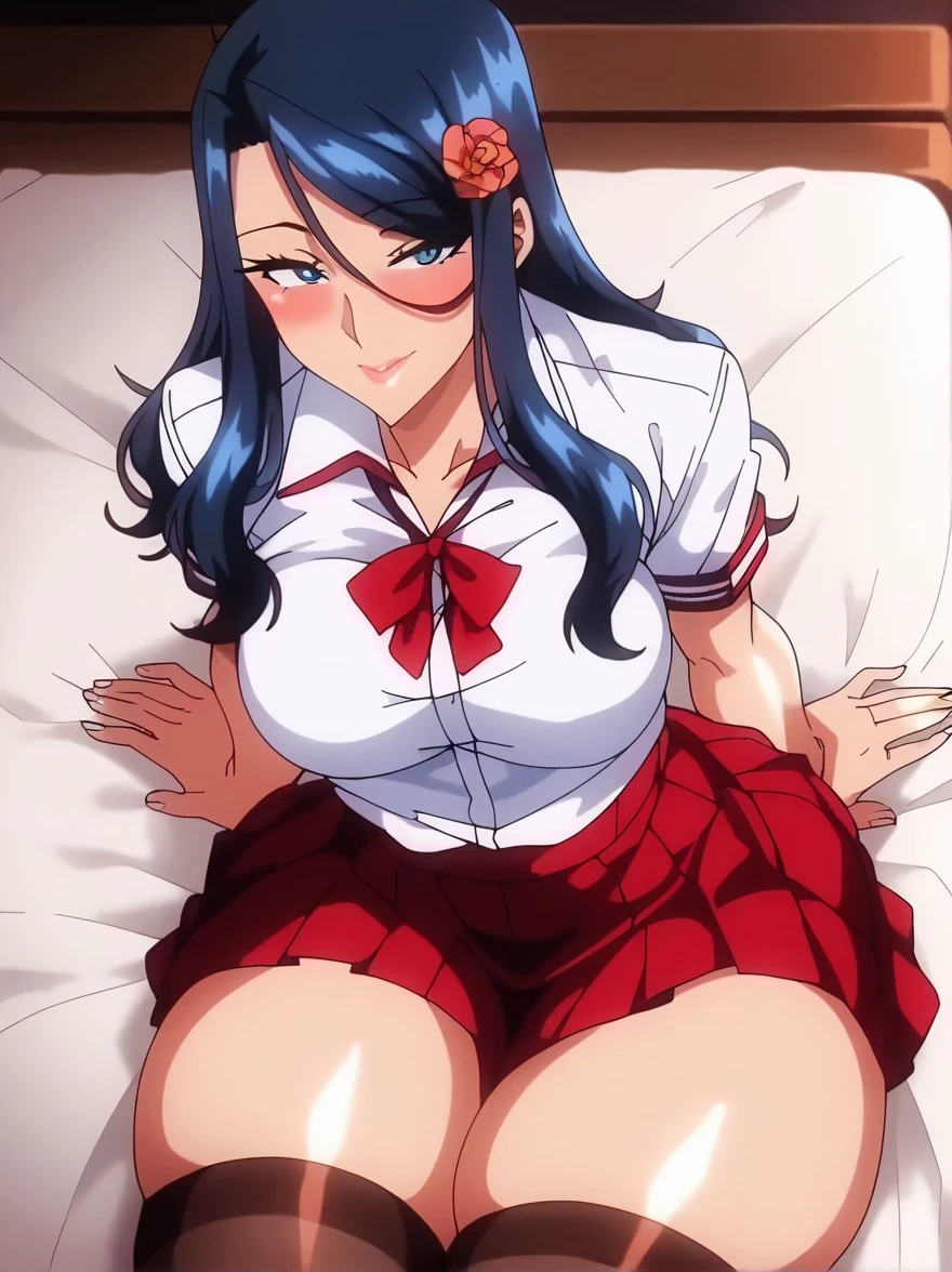  score_9,  score_8_above,  score_7_above,  score_6_above,   source  _animated,  girl sitting on a bench, hands on thighs,  long black hair,   school uniform  , skirt,  tall black stockings, beautiful hair ornament, bright paboveils, blush,   medium breasts ,  narrow waist, caderas anchas,  thick thighs in bed,  looking at the spectator, Cowboy shot,  dynamic position , beautiful,  general plane , Alone, sexually suggestive, naughty face, blush, 
 TrexStudio , animated screencap,