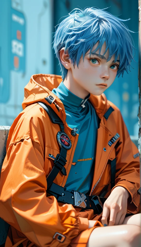 "A young boy with bright blue hair , pixie cut , bright skin, and the soft expression , wearing future clothing. Orange hood .  The boy sitting.  The background is plain black , holding katana , gives full focus to the character of the boy ."