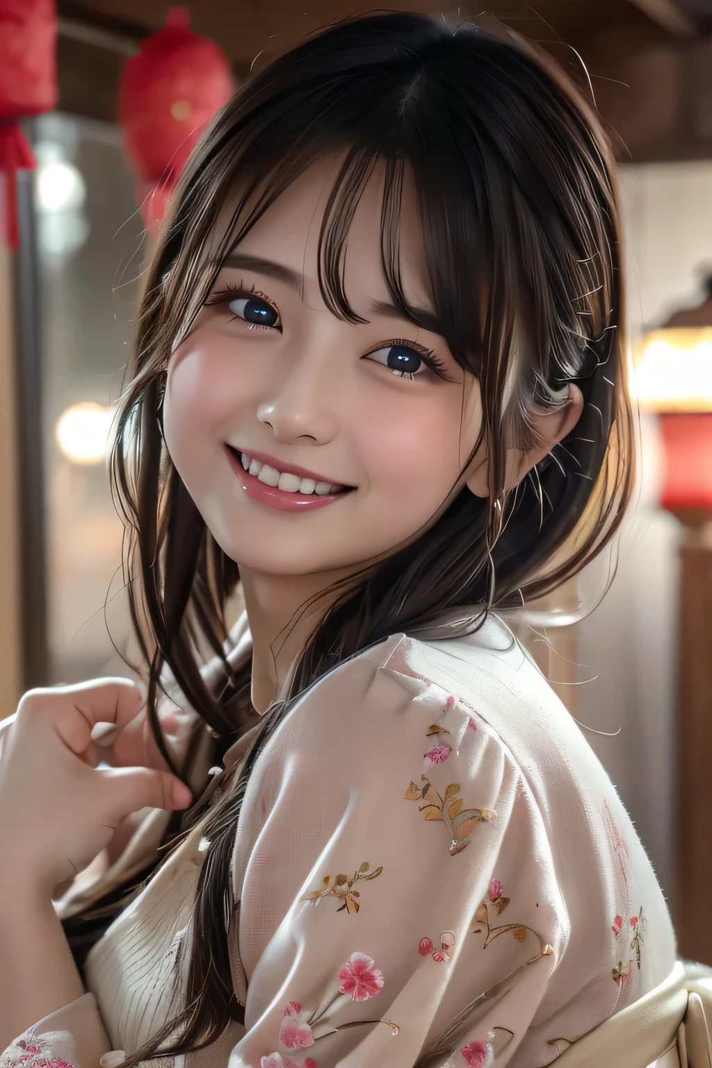 new year、( top quality , masterpiece:1.2),   super detailed  ,   high resolution, 8k wallpaper,   perfect dynamic configuration,、 Japanese New Year、 look at me and smile、Blush your cheeks、Hug the viewer