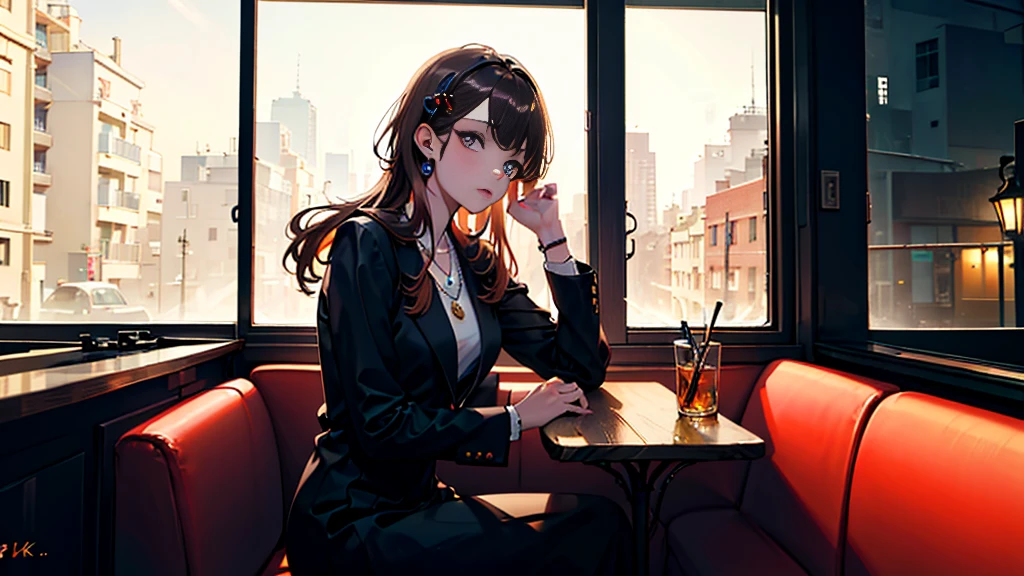 (8k, best quality, masterpiece:1.2), super detailed, one girl,cute, solo,,beautiful woman in perfect style: 1.4,((dark brown hair, big:1.2)), very detailed face and skin texture, detailed eyes, double eyelids, cleavage, light clothing, realistic and photogenic image quality, late night diner, america, wistful beautiful girl, sitting in a seat, feeling heartache, Trying to hold a glass of whiskey, liquor, bar, rain, view of city from café window, late night, night, dark outside, dim, street lamp, rain, window glass wet, lonely country town, old america, countryside, eyes out the window, not looking at the front, looking out the window, sad expression, countryside, tears spilling out, pulling composition, wooden