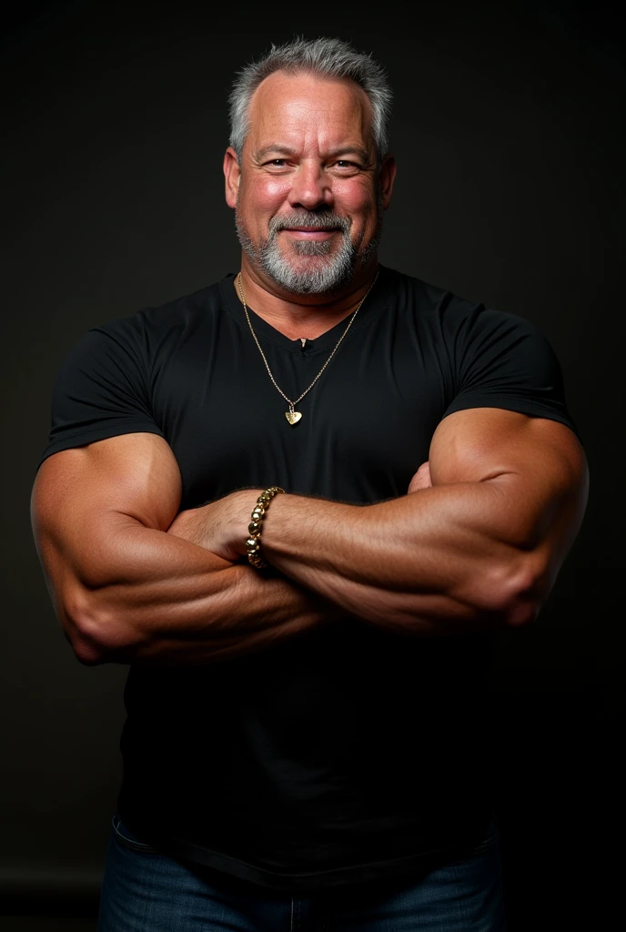 a 50-year-old Mexican man working as a mechanic in an auto shop. This man is muscular and strong, with large biceps that reflect the years of physical work and dedication to the trade. His skin has a warm tone and is adorned with tattoos that tell stories of his life and passions. He sports a cowboy-style hat and a T-shirt with the shop's logo, which is tight to highlight his well-defined muscles. His arms are imposing and powerful, showing his skill and ability in his work as a mechanic. In one hand, he holds a wrench, while with the other, he shows a friendly and genuine smile. His gaze is full of wisdom and experience, a result of years of work in the automotive industry. The auto shop is He finds himself in an environment full of tools and vehicles, with engines and wheels in the background, which highlights his passion for his craft, behind(( On a wall there is a poster of a blonde woman, with big breasts, sexy in a bikini))