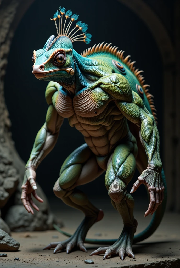 . A humanoid creature similar to a lizard and fish talks to the viewer, Dynamic front view. Full body photography Full body photography 