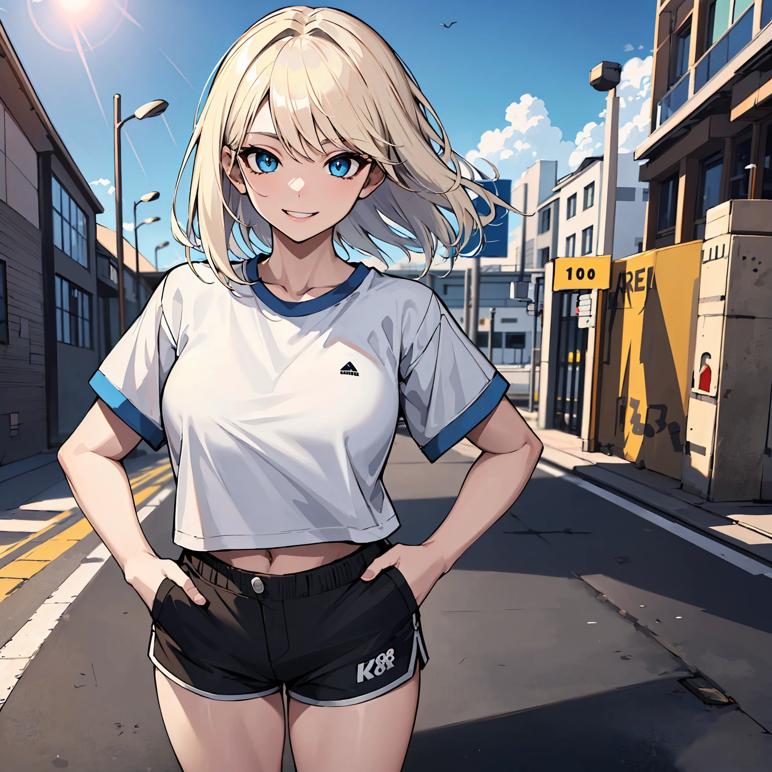(Best Quality,4K,8K,hight resolution,masutepiece:1.2), Ultra-detailed, (Realistic,photoRealistic,photo-Realistic:1.37),((one 17 years old woman)),((full body)),((Ultra-detailed body)),((Realistic body)),((slender body)),((well-proportion)),(very-short-bob-hair-girl), (Wearing sweat),((grin)),((full body)),(sports bra and black leggings),(wristbands),((White loose socks,Black sneakers)),Beautiful detailed eyes, Beautiful detailed lips, extremely detailed eye and face and body, long eyelashes, Realistic anime 3D style, Smooth Anime CG Art, Moe Anime Art Style, photoRealistic rendering of an anime girl, Cute anime girl visuals, Realistic young anime girl, girl fan art, Created by Anime Artist.