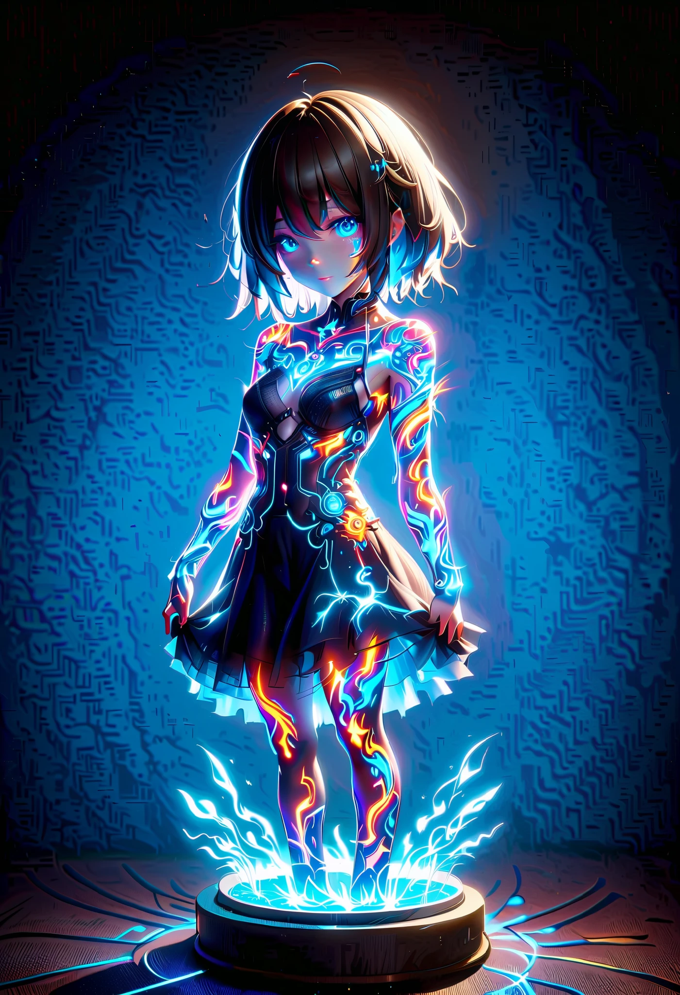 (masterpiece:1.3), (8K, Realistic, RAW Photos, Best image quality: 1.4), (((full body))), (((Absolutely shoulder-length brown straight short bob))), best quality, super fine, 16k, delicate and dynamic, white robot, streamlined without corners, with shape resembling long skirt with flared hem, one blue LED eye, moves on one wheel, X-ray made of transparent crystal, precision machinery inside, circuit boards, diagrams, complex and innumerable colorful cables, IC chips, resistors, capacitors, light-emitting diodes, timers, transparent translucent anatomy, iridescent neon colors wiring diagram and LED, picture frame and background that mixes and fuses steampunk, dieselpunk, and clockpunk, analyzer room lab