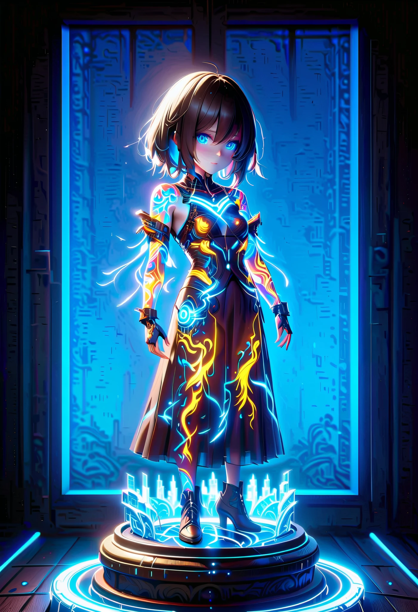 (masterpiece:1.3), (8K, Realistic, RAW Photos, Best image quality: 1.4), (((full body))), (((Absolutely shoulder-length brown straight short bob))), best quality, super fine, 16k, delicate and dynamic, white robot, streamlined without corners, with shape resembling long skirt with flared hem, one blue LED eye, moves on one wheel, X-ray made of transparent crystal, precision machinery inside, circuit boards, diagrams, complex and innumerable colorful cables, IC chips, resistors, capacitors, light-emitting diodes, timers, transparent translucent anatomy, iridescent neon colors wiring diagram and LED, picture frame and background that mixes and fuses steampunk, dieselpunk, and clockpunk, analyzer room lab
