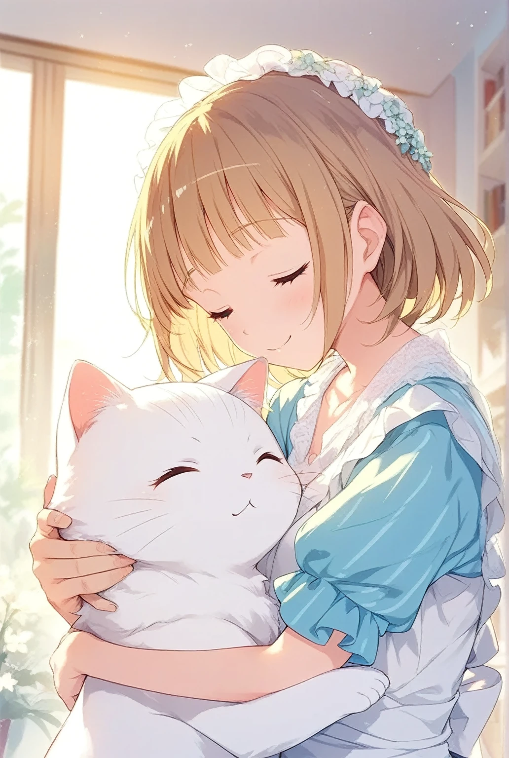 A girl hugging a white cat,yuki mio 