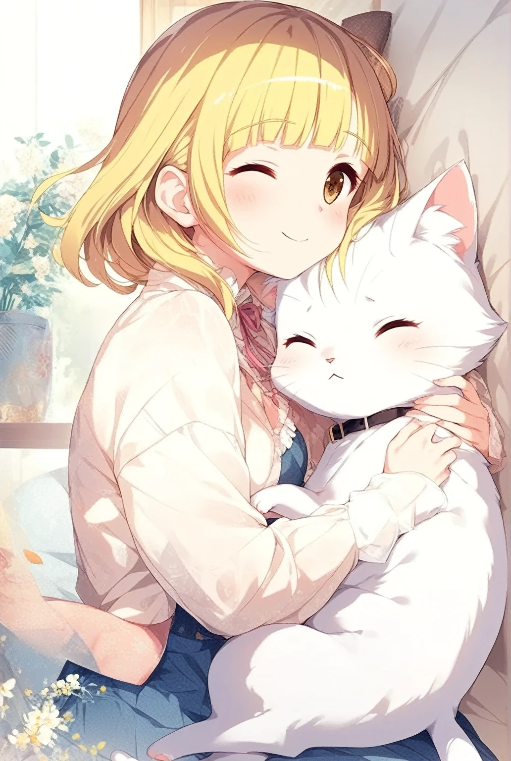 A girl hugging a white cat,yuki mio 