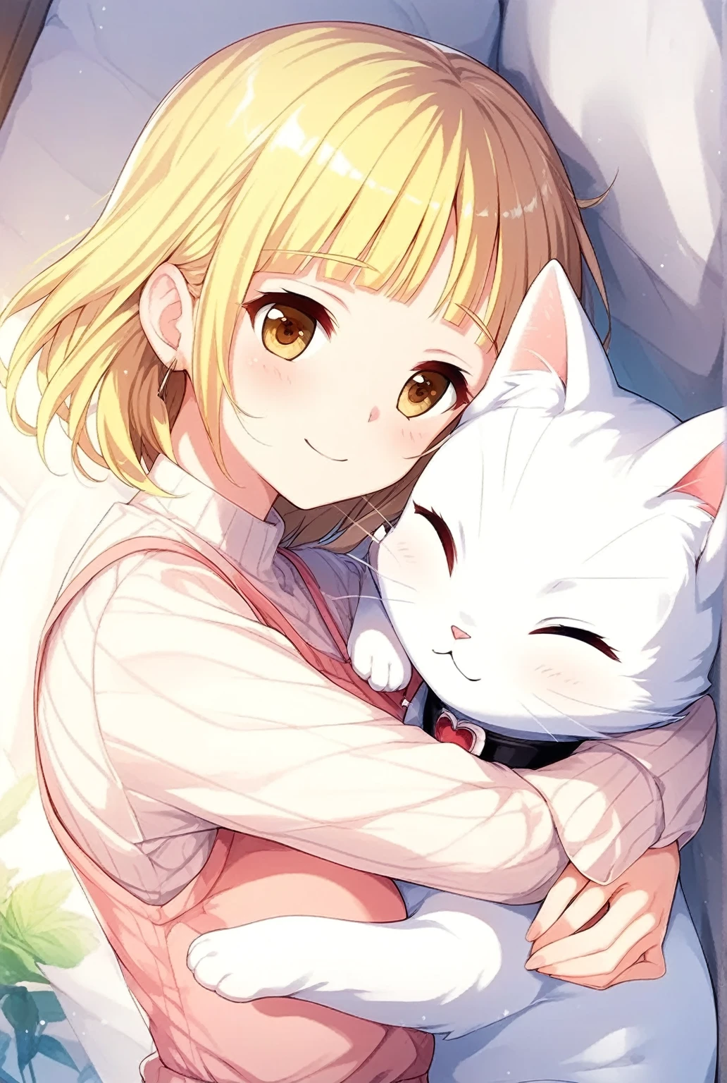 A girl hugging a white cat,yuki mio 