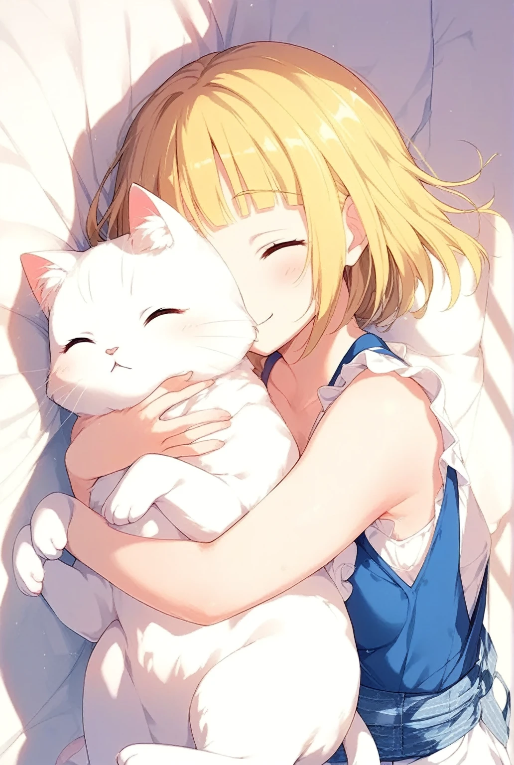 A girl hugging a white cat,yuki mio 