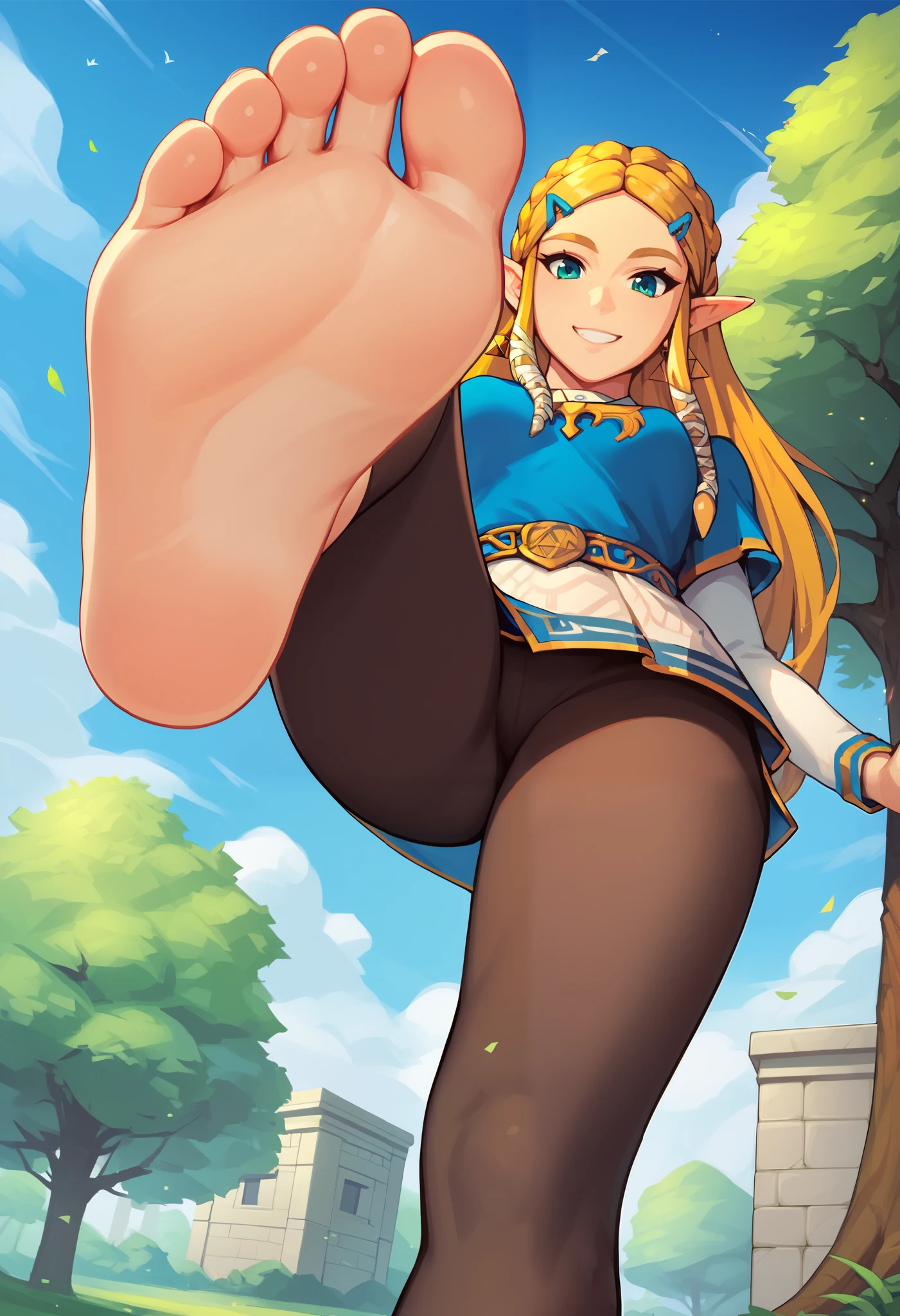 score_9, score_8_up, 1girl, princess zelda, nintendo, the legend of zelda, botw, brown leggings, smile, barefoot, footstomp, soles, toes, foreshortening, view from below, solo, outdoors, blue sky, park background