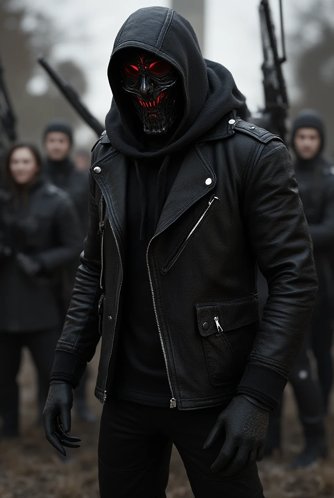 Male wearing leather jacket with black hoodie wearing a black robotic mask with red eyes glow black cargo pants  background group of people calling their self Legions with weapons amazing detail realistic 3D real character style extremely detailed