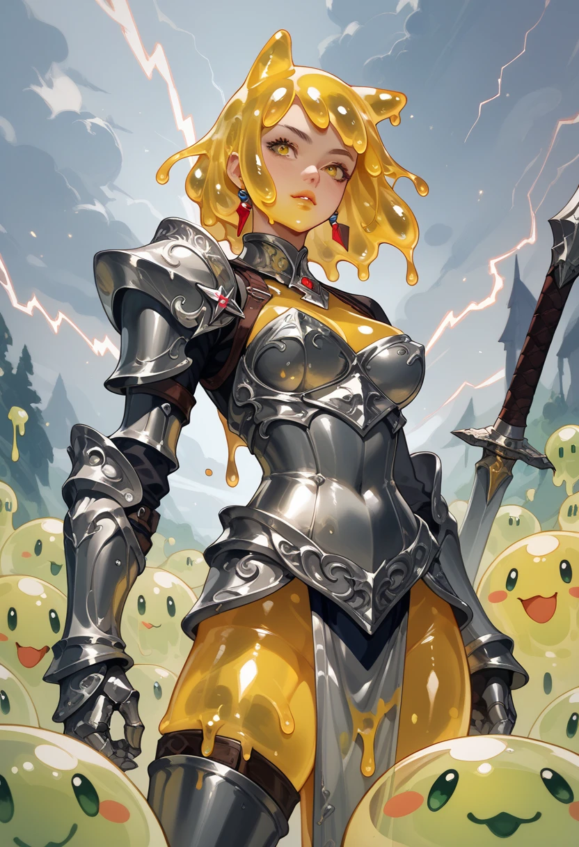 yellow slime girl, slime body, metal chestplate, in metal armour, lightning.