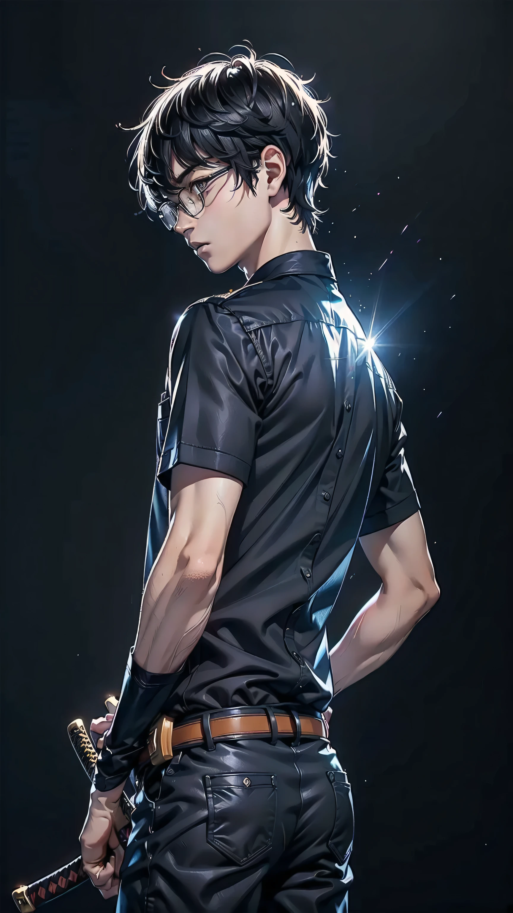 masterpiece, best quality, 1boy, solo, Amamiya Ren, glasses, ((tsume-eri gakuran boy japanese school uniform)), corridor, ((top quality, ultra-detailed, high resolution, extremely detailed CG, unity 8k wallpaper, by famous artist, perfect anatomy, super detailed skin, cinematic lighting, UHD, retina, anatomically correct, 1080P)), (Please draw a single one boy wielding a katana with no backgroun:1.3), ((1boy)), (Solo, face,17-year-old:2.0), a high school student, ((full dark brown hair)) Full limbs, complete fingers, ((perfect fingers, perfect arms)), masculine, manly, small butt, Beautiful detailed full dark brown eyes, glasses, perfect eyes, (Detailed Lighting), (Detailed background), (in the school zone), full body view, standing, single guy (one guy), ((perfect natural fingers and hands)), ((front body view:1.5)), ((full katana:1.5)), ((one single perfect long shape katana:1.3)), ((The katana must be well drawn, from the tsuba to the saya)), ((completely black background with no backlight:1.5))