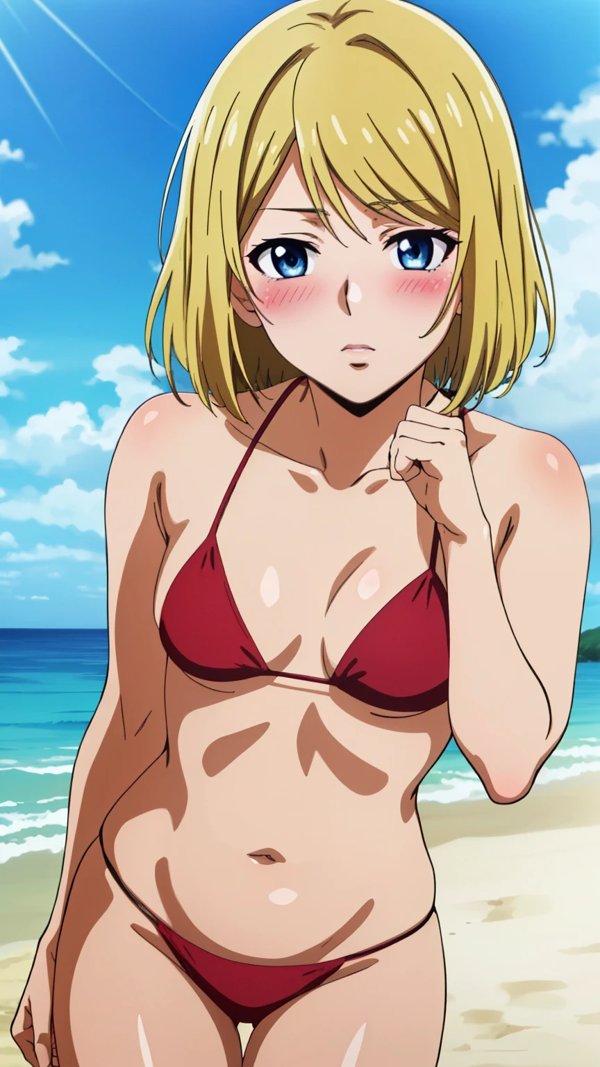 (Top quality, masterpiece, 8k), (Realistic skin texture), (anime coloring), Very detailed, very detailed, perfect face, beautiful eyes, perfect eyes, detailed eyes, feature large highlight, detailed face, ultra-detailed, detailed eyes, symmetrical eyes, (Dynamic angle), (expressionless), Sharp details, sonokata misuzu, blonde hair, short hair, (((short stature))), (small medium breasts:1.2), healthy skin, (half closed eyes:0.7), (mature face:1.4), (nffsw, bikini, beach, blue sky, blush), (sexy pose:1.3), (cowboy shot:1.5), looking at the viewer, in the center of the image