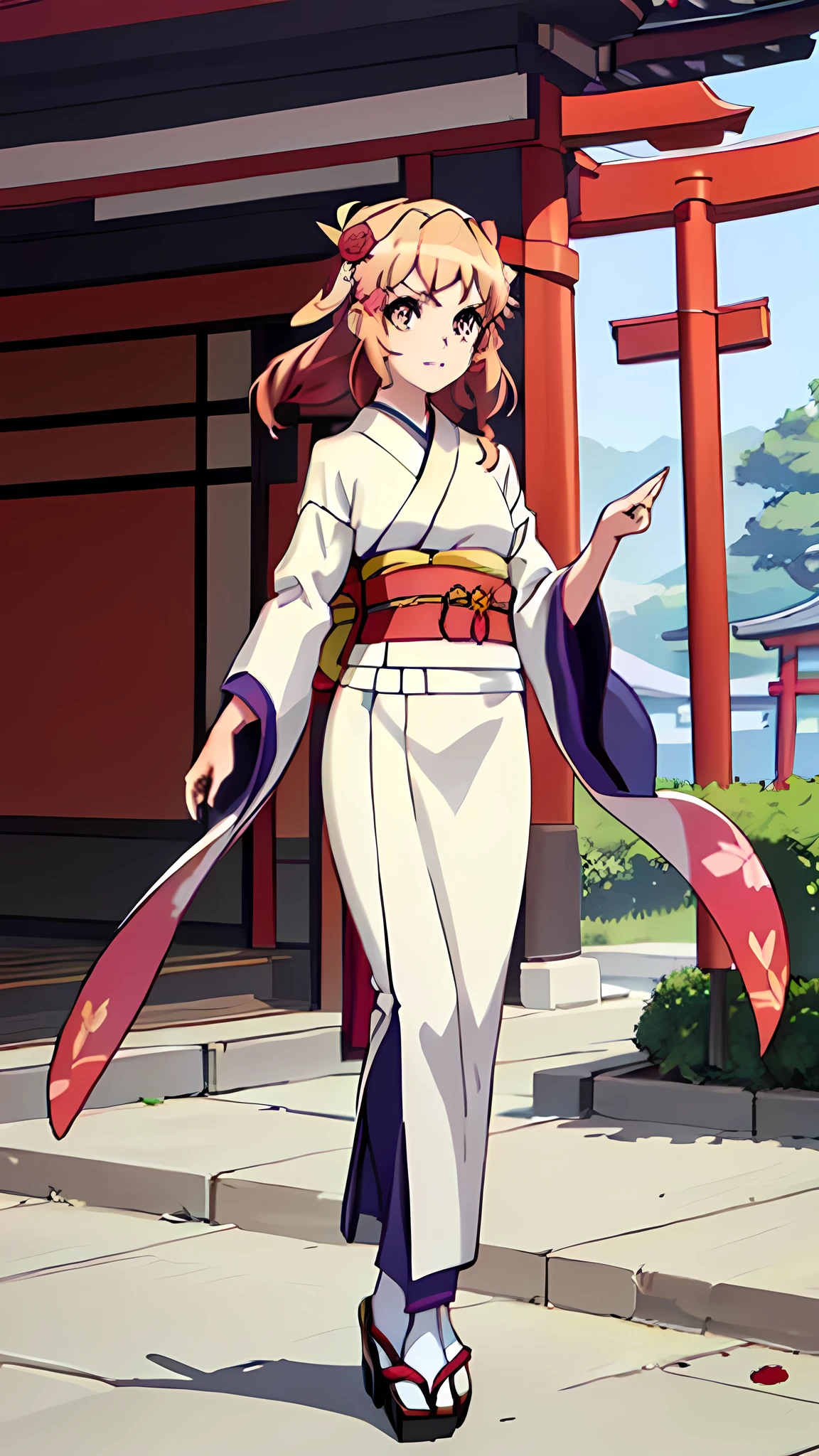 masterpiece, Ultra Fine, super high image quality, The Most Beautiful Woman in History , Anime, slender body, ( Mid-chest ), tall height , Small face, Balanced Ratio , ( shiny hair, Blonde:1.2), ( Senki Zesshou Symphogia , Tachibana Hibiki :1.5),, Beautiful and shining eyes , Clear, Dark Eyes , Sparkling Highlights , has long eyelashes, pink lips, Beautiful, Precise, and Delicate Hand and Finger Creation , God's Smile , Japanese Kimono / Long-sleeved kimono, Gorgeous Flower Kimono , ( Red Rose Hair Accessory :1.2), small earrings, ring, Behaving Like a Fashion Model, Japanese shrines , Torii Gate