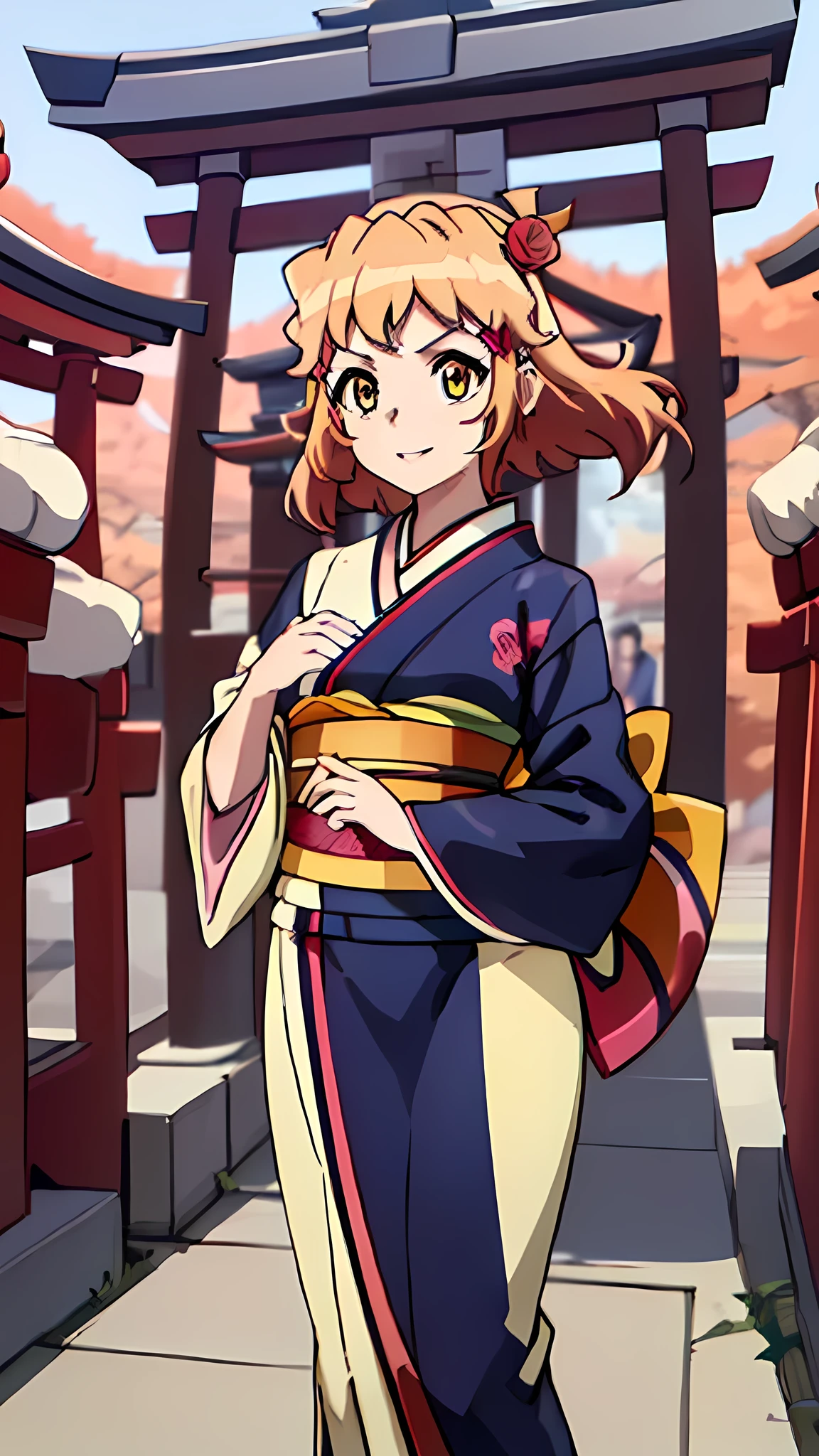 masterpiece, Ultra Fine, super high image quality, The Most Beautiful Woman in History , Anime, slender body, ( Mid-chest ), tall height , Small face, Balanced Ratio , ( shiny hair, Blonde:1.2), ( Senki Zesshou Symphogia , Tachibana Hibiki :1.5),, Beautiful and shining eyes , Clear, Dark Eyes , Sparkling Highlights , has long eyelashes, pink lips, Beautiful, Precise, and Delicate Hand and Finger Creation , God's Smile , Japanese Kimono / Long-sleeved kimono, Gorgeous Flower Kimono , ( Red Rose Hair Accessory :1.2), small earrings, ring, Behaving Like a Fashion Model, Japanese shrines , Torii Gate