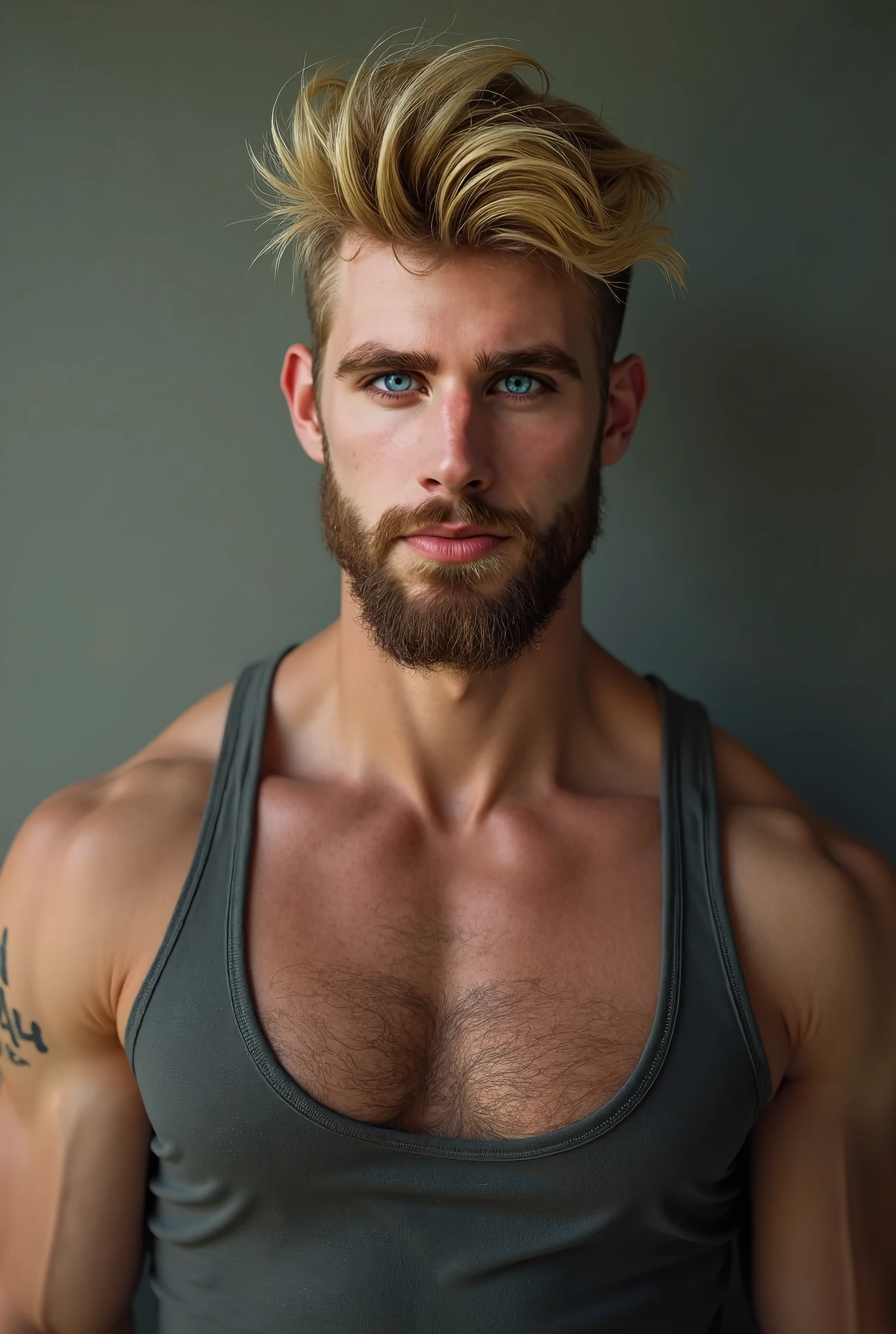modeladammiller, realistic, white gradient background, professional headshot, 1boy, 25 year-old male, blond hair, (very short hair:1.7), (fade haircut:1.5), (spiky hair:1.4), (parted hair:1.6), (undercut hair:1.3), incredibly handsome, piercing blue eyes, smile, (clean shaven face:1.7), perfect face, perfect body, broad shoulders, (lean muscle:1.1), thin, very muscular chest, hairy chest, (very large pectorals:1.2), pectoral lift, very defined abdominals, very small waist, very large biceps, very hairy forearms and hands, veiny forearms, standing, completely nude, facing the viewer