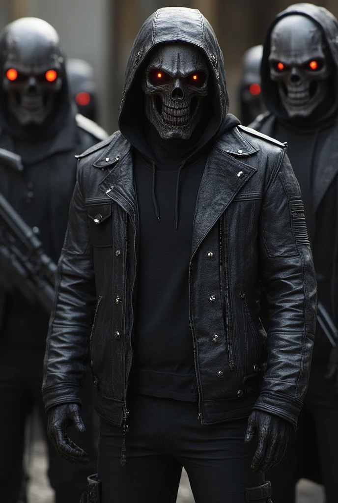 Male wearing leather jacket with black hoodie wearing a black robotic skull mask with red eyes glow black cargo pants  background group of people calling their self Legions with weapons amazing detail realistic 3D real character style extremely detailed