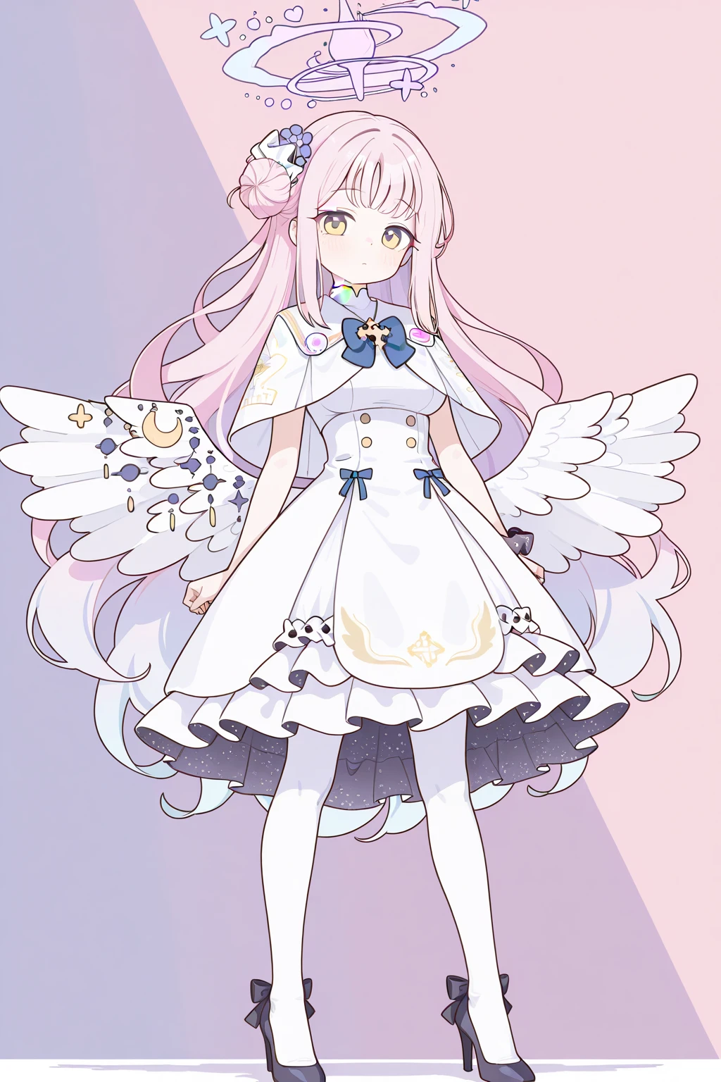 1girl, cute, kawaii, standing, looking at viewer, (pastel colors:1.3), masterpiece, best quality, amazing quality, very aesthetic, absurdres, volumetric lighting, mika-default, mika \(blue archive\),yellow eyes,single hair bun,pink hair,long hair,halo,white dress,capelet,wings,white pantyhose,high heels