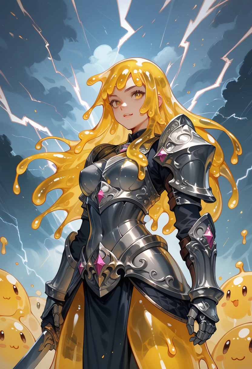 yellow slime girl, slime body, metal chestplate, in metal armour, lightning, chestplate.