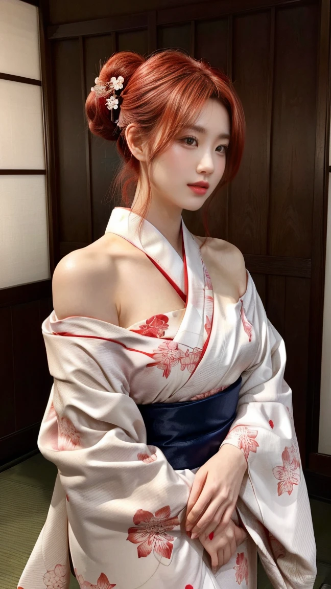 (Photorealsitic: 1.2, best qualtiy, 8K,Wetty:1.3 ), ( 20yr old, K-pop idols、 Kimono with cherry blossom pattern, Sweat: 1.2, Red hair、bob cuts:1.3), Fine skin, (Film Lighting),  Soft light, Double eyelids, ((独奏、Colossal ????:1.3、cleavage of the ??????、Bust-up shot、laying down on the bed、function:1.3))