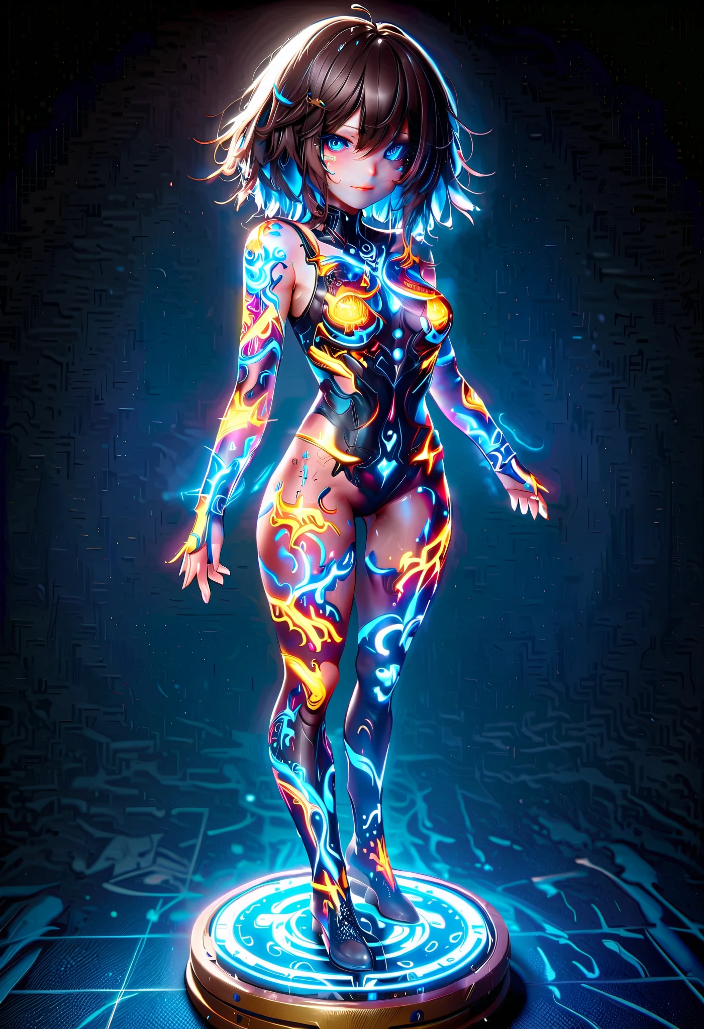 (masterpiece:1.3), (8K, Realistic, RAW Photos, Best image quality: 1.4), (((full body))), (((Absolutely shoulder-length brown straight short bob))), best quality, super fine, 16k, delicate and dynamic, white robot, streamlined without corners, with shape resembling long skirt with flared hem, one blue LED eye, moves on one wheel, X-ray made of transparent crystal, precision machinery inside, circuit boards, diagrams, complex and innumerable colorful cables, IC chips, resistors, capacitors, light-emitting diodes, timers, transparent translucent anatomy, iridescent neon colors wiring diagram and LED, picture frame and background that mixes and fuses steampunk, dieselpunk, and clockpunk, analyzer room lab