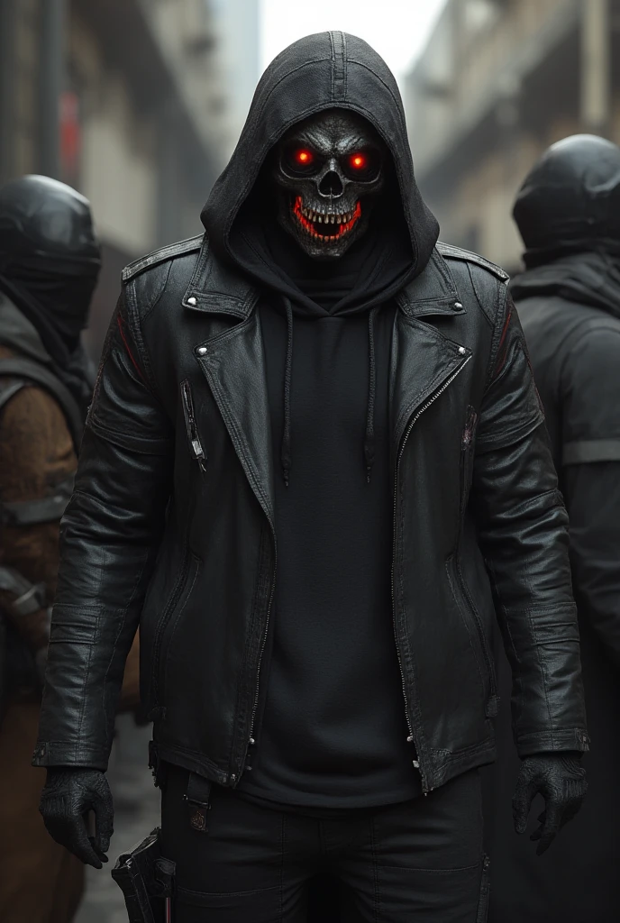 Male wearing leather jacket with black hoodie wearing a detailed black robotic skull mask with red eyes glow black cargo pants  background group of people calling their self Legions with weapons amazing detail realistic 3D real character style extremely detailed