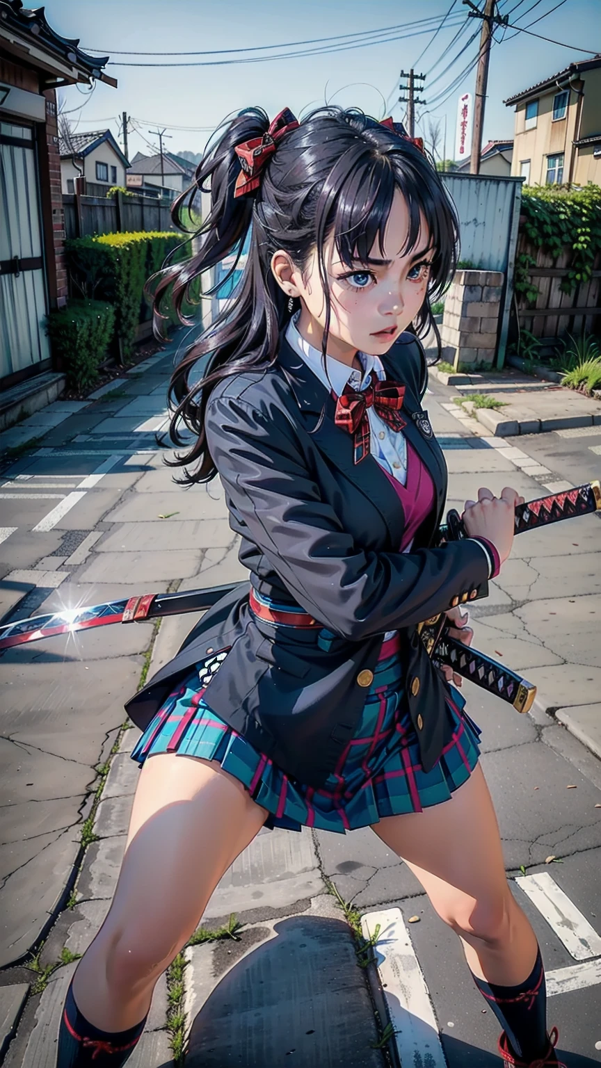 masterpiece, best quality, highres, ichinose shiki, idolmaster, long hair, two side up, hair bow, ahoge, medium breasts, earrings, without background, ((Please draw a single Japanese samurai girl prepares for battle, in a fighting stance, in a low stance wielding a katana:1.3)), ((1girl)), (Solo, face,17-year-old:2.0), a high school student. Full limbs, complete fingers, ((perfect fingers)), ((perfect hands)), medium butt, groin, perfect eyes, ((one american blazer uniform girl):1.3) ((white blouse:1.3)) ((blouse with formal collar, navy blue blazer)), ((blue plaid skirt:1.3)), ((tartan, check plaid texture skirt)), ((red plaid bow on the blouse:1.3)) (Detailed Lighting), ((full body view)), ((standing)), ((legs)), uwabaki shoes, beautiful single girl (one girl), full body shot, front body, pretty eyelashes, make up, electric eyes, ((black socks)), ((black school shoes)), ((perfect natural fingers and hands)), ((front body view:1.5)), ((full katana:1.5)), ((one single perfect long shape katana:1.3)), ((The katana must be well drawn, from the tsuba to the saya)), ((blue with red plaid skirt:1.3)),  ((view from the front:1.3)), ((erect neck:1.3)) 