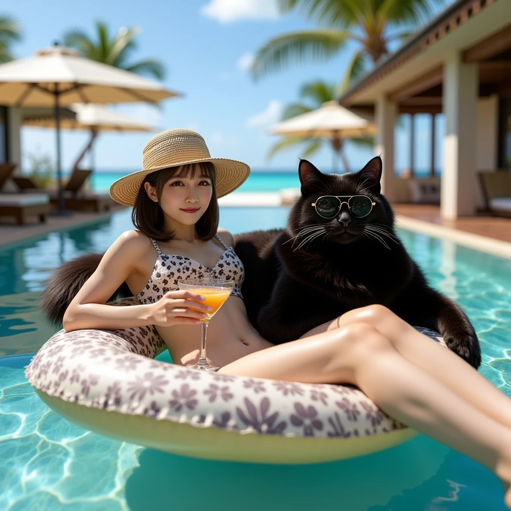 ultra-realistic, photorealistic, dramatic scene, shadow, global-illumination, solo, 1 girl\( 20 years old Japanese beautiful girl, beautiful with cute face, wearing a cute dot patterned bikini with frills, shoulder-length brown hair, accessories, elegant hat, sunglasses, holding a tropical cocktail\), 1 human-like giant black cat\( human-like giant black cat, swim trunks, slight taller than the girl, with her, sunglasses, little chubby\), the girl and human-like giant black cat are lying on the large float and floating on the pool in the luxury resort hotel in Maldives, gorgeous stylish furnishings, famous 5-star hotel, amazing view of the ocean with private beach, parasols, 