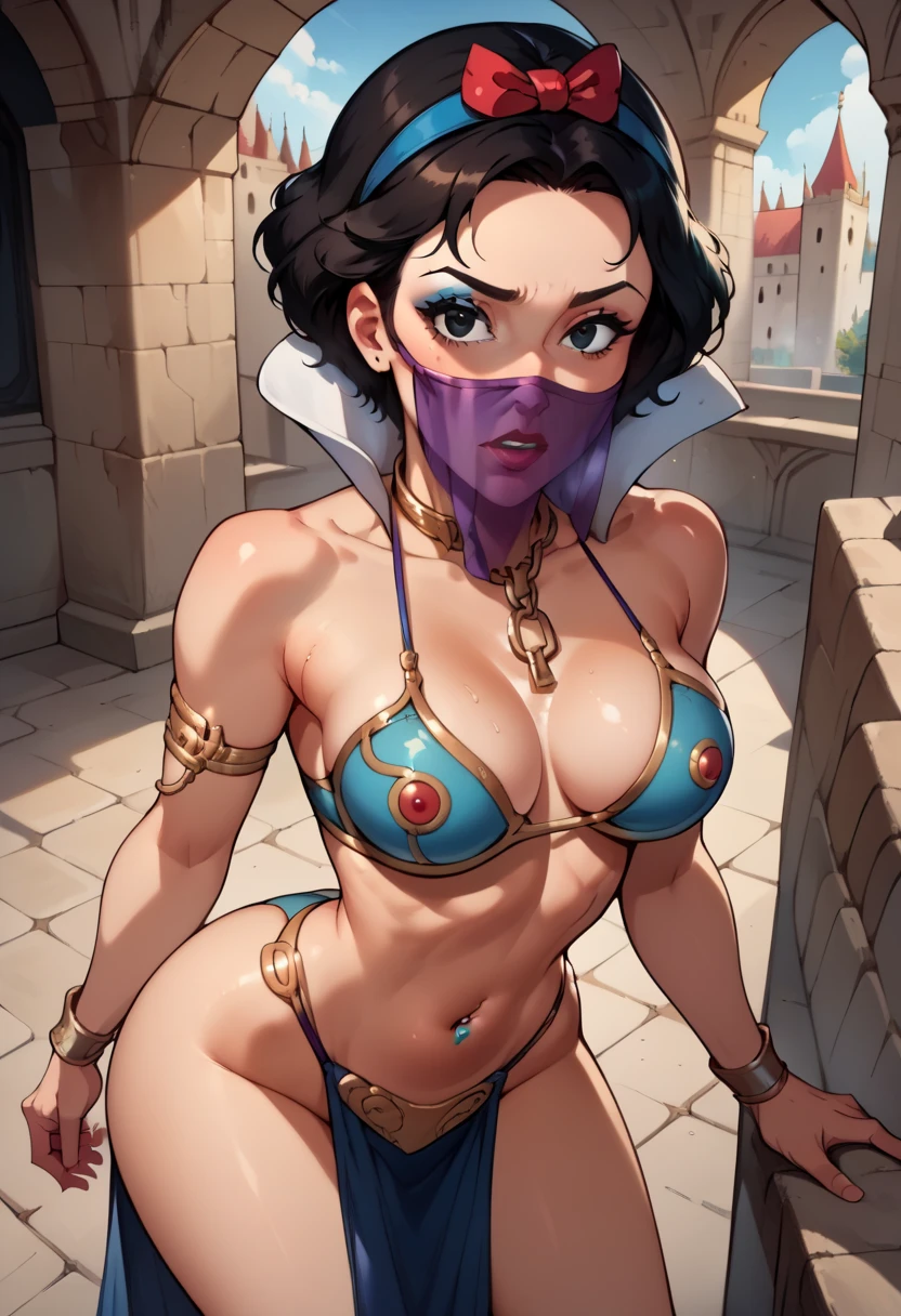 score_9,score_8_up,score_7_up, score_6_up, BREAK anamri, blowjob, oral, male POV, foot focus,  both detailed feet, shiny, dark-skinned female, short hair, ponytail, eye of horus, facial tattoo, Expressiveh, large thighs, large breasts, harem outfit, mouth veil, BREAK  best quality