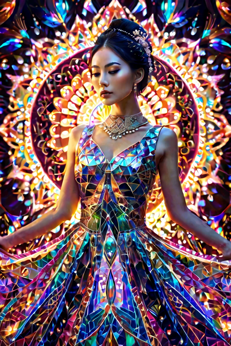 (masterpiece, top quality, best quality, official art, beautiful and aesthetic:1.2), (1girl:1.3), extremely detailed,(fractal art:1.1),(colorful:1.1),highest detailed,(zentangle:1.2), (dynamic pose), (abstract background:1.5), (japanese dress:1.2), (shiny skin), (many colors:1.4), ,(earrings:1.4),