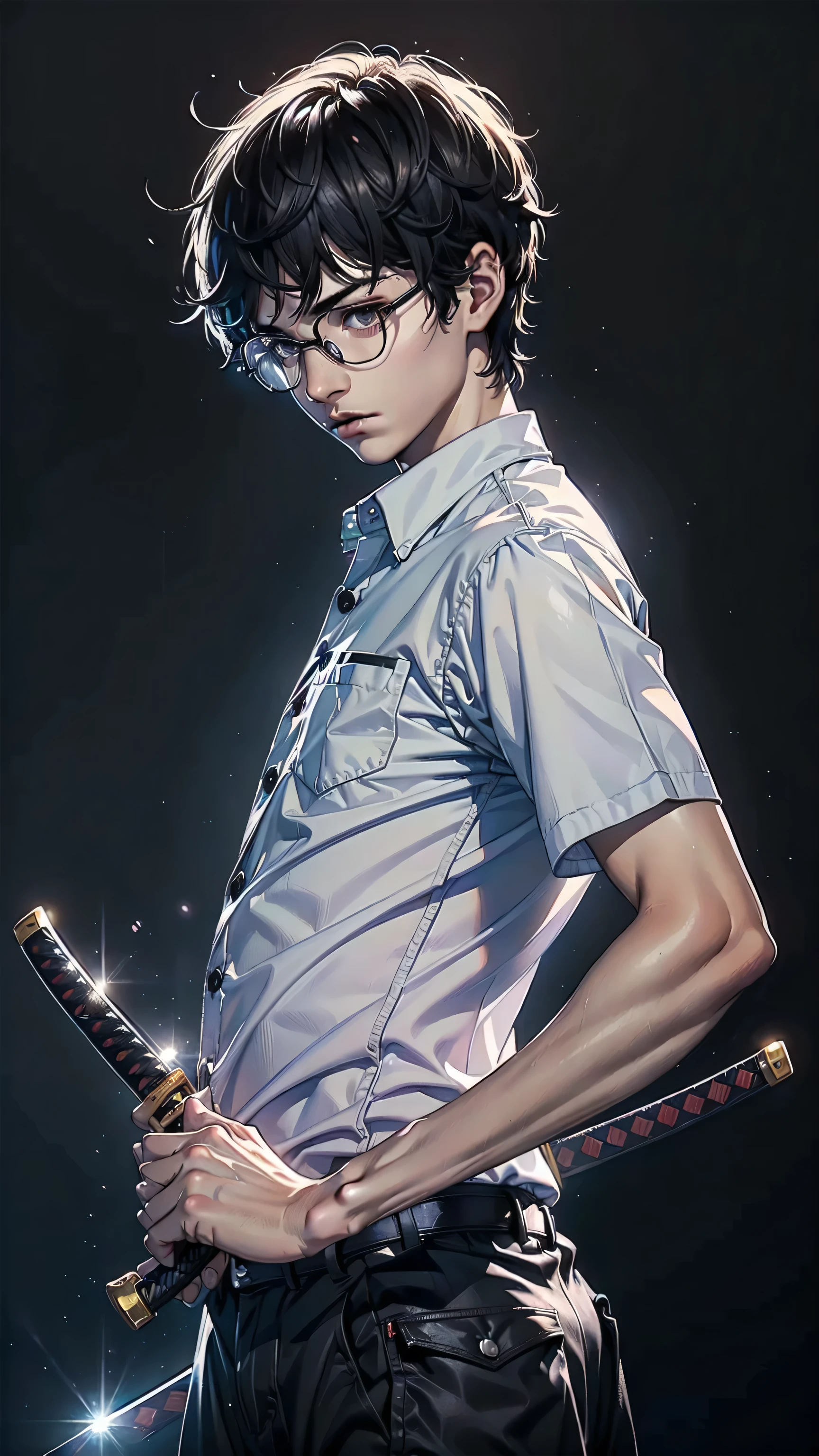 masterpiece, best quality, 1boy, solo, Amamiya Ren, glasses, ((tsume-eri gakuran boy japanese school uniform)), corridor, ((top quality, ultra-detailed, high resolution, extremely detailed CG, unity 8k wallpaper, by famous artist, perfect anatomy, super detailed skin, cinematic lighting, UHD, retina, anatomically correct, 1080P)), (Please draw a single one boy wielding a katana with no backgroun:1.3), ((1boy)), (Solo, face,-yeld:2. a high school student, ((full dark brown hair)) Full limbs, complete fingers, ((perfect fingers, perfect arms)), masculine, manly, small butt, Beautiful detailed full dark brown eyes, glasses, perfect eyes, (Detailed Lighting), (Detailed background), (in the school zone), full body view, standing, single guy (one guy), ((perfect natural fingers and hands)), ((front body view:1.5)), ((full katana:1.5)), ((one single perfect long shape katana:1.3)), ((The katana must be well drawn, from the tsuba to the saya)), ((completely black background with no backlight:1.5)), ((view from the front:1.3))