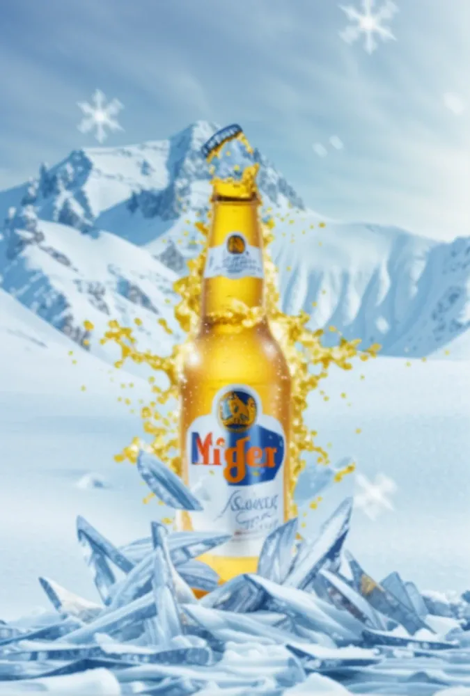 masterpiece, Mejor Calidad, foto cinematográfica de una obra maestra, Mejor Calidad, Afiche del producto, Paisaje nevado, cerveza, cerveza Advertisement, alta resolución, fotografía, película, highres