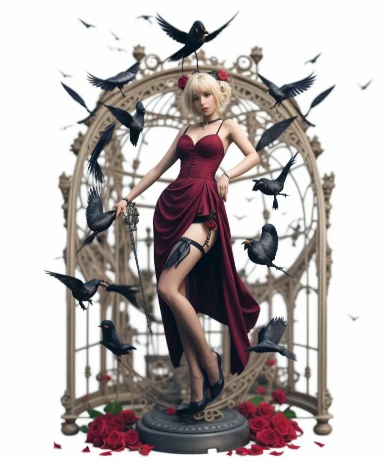 masterpiece, best quality, cinematic photo of Masterpiece, Best Quality, Highest Resolution, Two-dimensional Character Design, Anime Character, Raven Queen, Blonde Short Hair, White Skin, Sexy, Cool and Glamorous, Flying Crow, Metal Birdcage Background, Rose Stone Table, photograph, film, highres