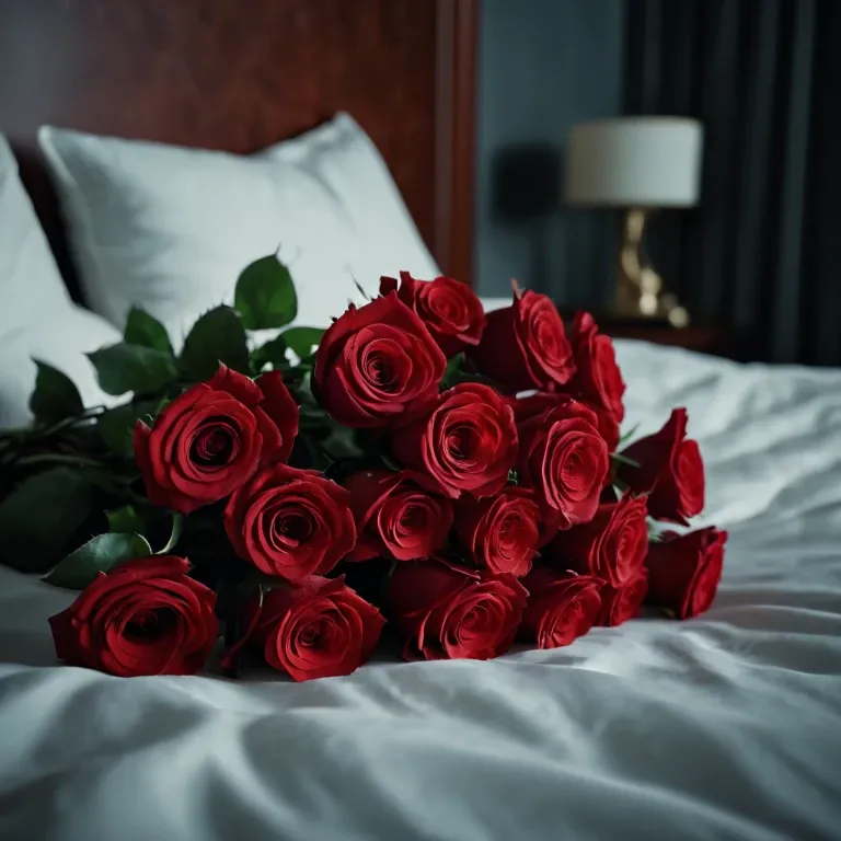 cinematic film still bouquet of red roses on the bed
