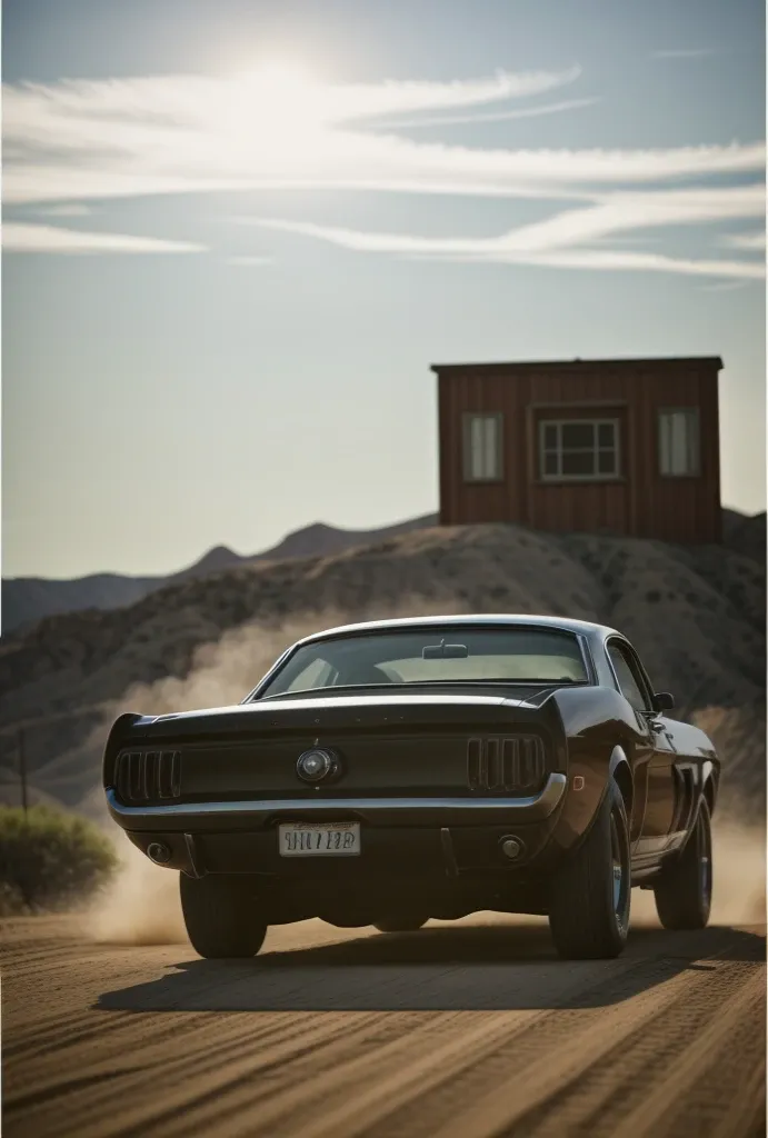 masterpiece, best quality, cinematic photo of classic, ford mustang, vintage car, glossy surface, wild west background, sunset, high resolution, photograph, film, highres