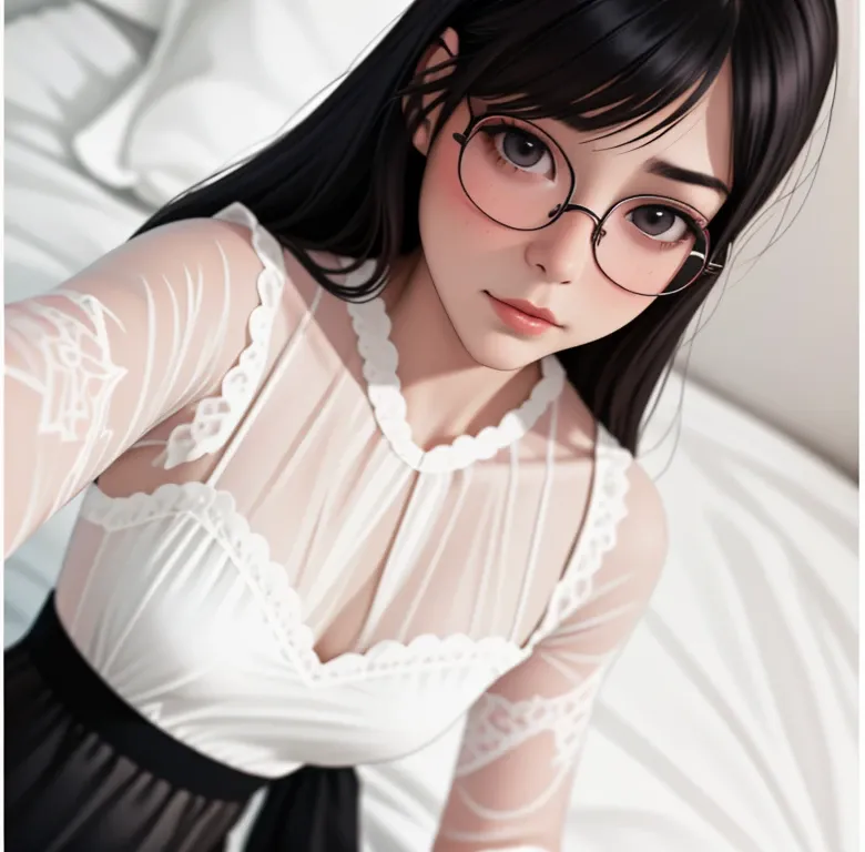 best quality, highres,Wearing a lace slip dress,Lying in bed wearing glasses,legs spread， too big,glowing skin，（（（shy expression）））blush（（（masterpiece）））， （（best quality））， （（intricate details））， （（surreal））（8k）