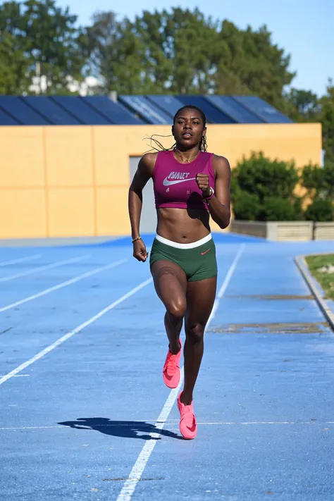 best quality, 8k, very delicate and beautiful, highly detailed face and skin texture, shiny skin, high resolution, huge tits beautiful dark skin athletic women running on a track, full body, sharp focus