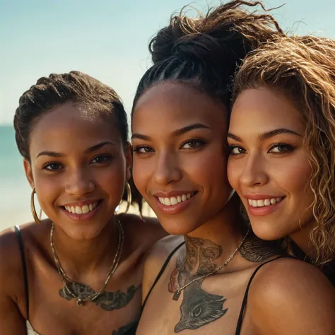 African lady squeezes together the heads of three tattooed sleeping blonde thin old milf biker chicks, wearing leather studded bikinis and metallic bracelets and metallic necklaces, with hands touching each other