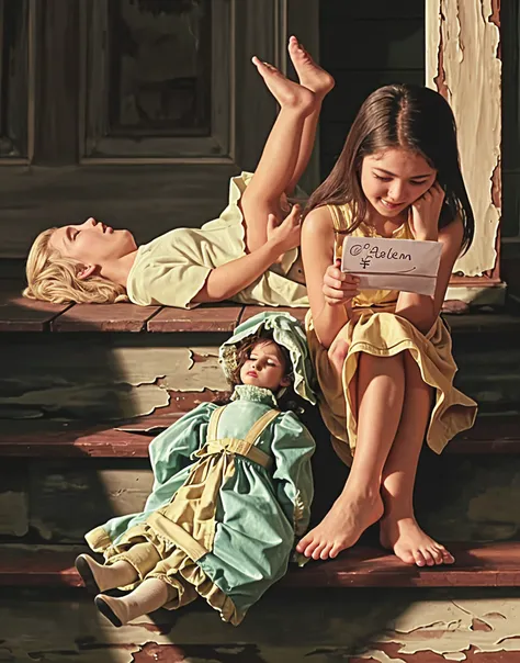 ((best quality)), ((masterpiece)), (girls playing with dolls), barefoot, skirt, pigtails,