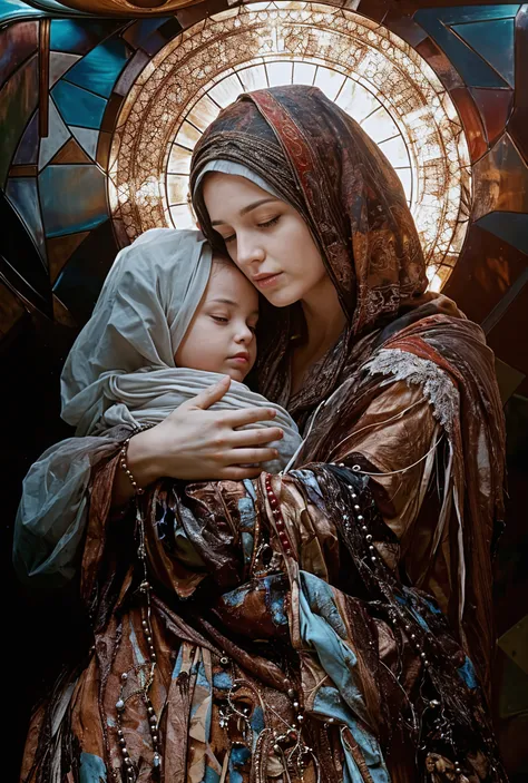 ((Blessed Virgin Mary and Child Jesus. 19 years old))) ((( Con una cara seria y piadosa. Con una mirada dulce y tierna))) (obra maestra, calidad superior, mejor calidad, arte oficial, beautiful and aesthetic: 1.2), (1girl), extremadamente detallado, (Arte fractal: 1.3), colorido, highest detailed, Cara perfecta, parte superior del cuerpo, HDR, (orando: 1.3), (golden lines of white coat: 1.2), galaxia, (rayas de luz), eye-catching visuals, (dynamic stripes, senderos luminosos: 1.2), colores vibrantes,