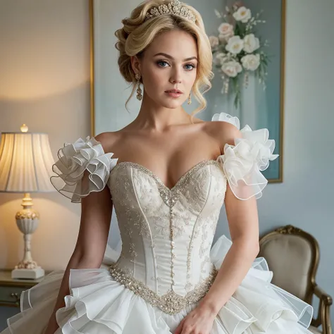 Intricately detailed full body, Professionelles realistisches Farbfoto einer blonden Prinzessin, in front of a beautiful palace, Woman wearing a white dress with a very deep neckline, Tiara auf dem Kopf, detailliertes Gesicht (Eva Mendes), Detaillierte Augen, Filmische Beleuchtung, fotografiert mit einer Sony a9 II spiegellosen Kamera, (Highly detailed:1.2), (Weichzeichner), HDR, 8k resolution