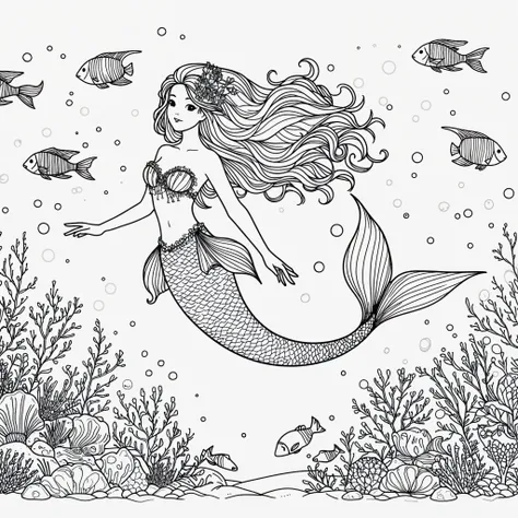 ::A whimsical pattern of mermaids and sea creatures:: high detail adult coloring book page thin black lines white background –no book, logo, page, letters, words, markers, flowers, animals –no black background –v 4