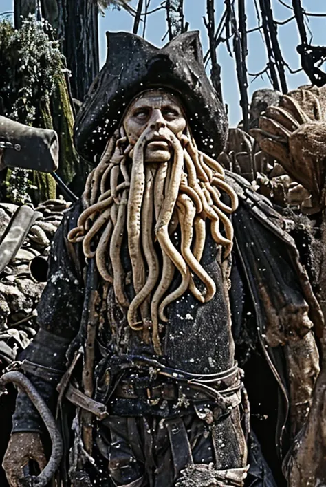 8k, hdr, high details, absurdres, aquatic intelligence, Davy Jones with green flowers and tentacles, Pirates of the Caribbean.