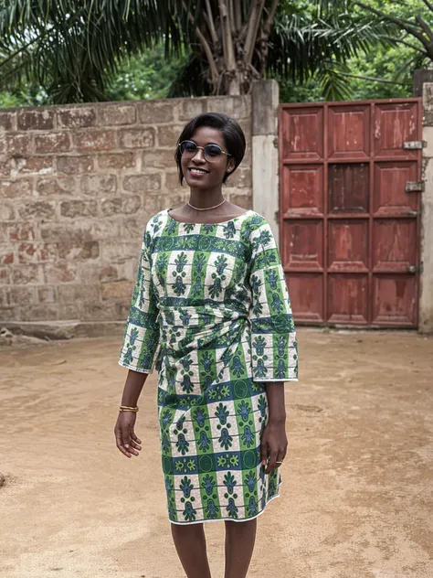 (best quality:1.5), (hyperrealistic:1.5), tall_toned, messy_short_black_haired, brown_eyed, tanned_chocolate_skin, 32_year_old_ivorian_woman, all_lemon-green_robe_clothes, walking_outside_wood_house, grassy_forest, sunny_scenery, side_view