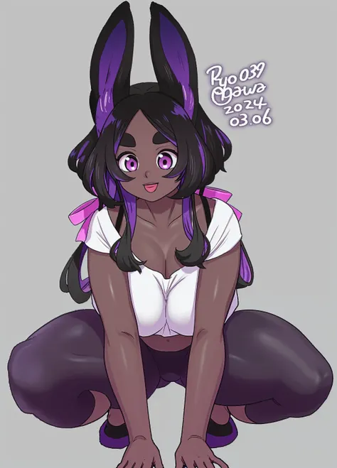 Sexy wickerbeast girl with black fur, tan cream underbelly, purple mane, black horns, purples solid eyes