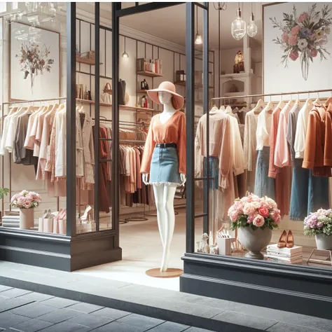 boutique de vêtement, devanture rose et noir, thème années 2000, vitrine beaux vêtements à strass