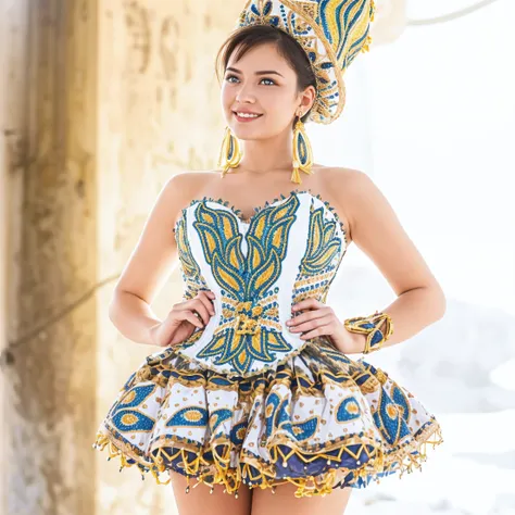 Une polynésienne sexy de 22 ans aux yeux bleus, brun ,pretty smile and fdanse (mdansi skirt )(bustier with plungdansg neckldanse) sur un canapé