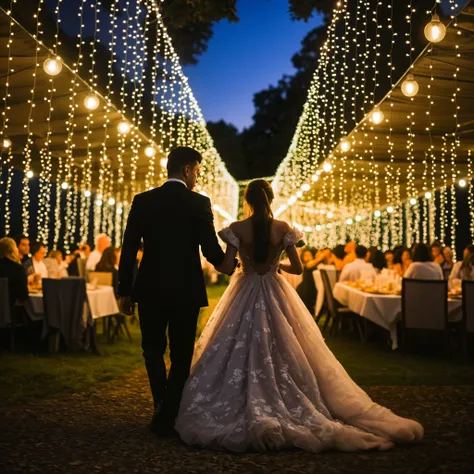 Avenue at night illuminated with couple walking 